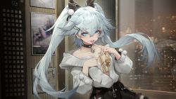 Rule 34 | 1girl, absurdres, ahoge, bell, black collar, black skirt, blue nails, box, breasts, capsule, city lights, collar, elevator, fingernails, gift, girls&#039; frontline, girls&#039; frontline neural cloud, grey jacket, hair between eyes, hair ornament, hairclip, heart, heart-shaped pupils, highres, holding, holding box, jacket, jingle bell, long fingernails, long hair, long sleeves, looking at viewer, multicolored nails, nail polish, neck bell, night, official art, open clothes, pa-15 (girls&#039; frontline), pill, pointing, pointing at self, shanyao jiang tororo, silver hair, skirt, solo, symbol-shaped pupils, thighhighs, tongue, tongue out, twintails, very long hair