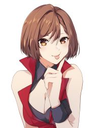 Rule 34 | 1girl, :p, absurdres, brown eyes, brown hair, finger to cheek, highres, looking at viewer, meiko (vocaloid), short hair, sleeveless, smile, solo, tongue, tongue out, vocaloid, white background, wrist cuffs, yen-mi