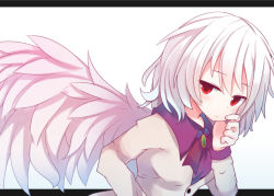 Rule 34 | 1girl, bad id, bad pixiv id, beni shake, brooch, collared shirt, feathers, hand on own cheek, hand on own face, jewelry, jitome, kishin sagume, letterboxed, looking at viewer, red eyes, shirt, short hair, single wing, solo, touhou, vest, white hair, wings