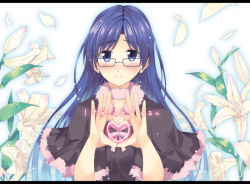 Rule 34 | 00s, 1girl, bespectacled, blue eyes, blue hair, blush, cute &amp; girly (idolmaster), flower, glasses, hamayumiba sou, heart, heart hands, heart in heart hands, idolmaster, idolmaster (classic), idolmaster 1, kisaragi chihaya, letterboxed, lily (flower), long hair, matching hair/eyes, petals, solo