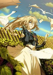 Rule 34 | 1girl, animal, bird, blonde hair, blue eyes, blue jacket, blue sky, blush, brooch, cloud, cloudy sky, collar, commentary request, day, dress, food, fruit, grapes, hair between eyes, highres, holding, jacket, jewelry, letter, long dress, long hair, long sleeves, looking at viewer, mechanical arms, no gloves, one eye closed, outdoors, paper, parted lips, prosthesis, prosthetic arm, puffy long sleeves, puffy sleeves, sky, smile, solo, standing, violet evergarden, violet evergarden (series), white dress, wind, yuuri-622