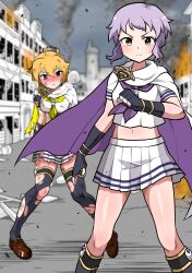 Rule 34 | 2girls, ahoge, black socks, black thighhighs, blonde hair, blurry, blurry background, blush, breasts, breath, brown footwear, building, burning, burning building, burningsushi, cape, city, clenched hand, commentary request, dirty, dirty clothes, fingerless gloves, fire, gloves, grey sky, hair between eyes, hair flaps, hand up, highres, ibuki tsubasa, idol heroes (idolmaster), idolmaster, idolmaster million live!, injury, kneehighs, large breasts, legs, looking at another, looking at viewer, makabe mizuki, miniskirt, multiple girls, navel, neckerchief, outdoors, parted lips, pleated skirt, purple hair, purple neckerchief, red eyes, road, serious, shirt, short hair, short sleeves, sidelocks, skirt, sky, small breasts, smoke, socks, street, sweat, thighhighs, thighs, torn cape, torn clothes, torn gloves, torn shirt, torn skirt, torn thighhighs, v-shaped eyebrows, wavy hair, white cape, white shirt, white skirt, yellow eyes