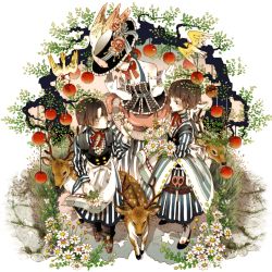 Rule 34 | 3girls, animal, apron, bare shoulders, bird, bob cut, breasts, cleavage, daisy, deer, dress, elbow gloves, flower, frills, from above, gloves, grass, hamondo, hat, hat flower, hat ribbon, holding, holding flower, looking at another, medium breasts, multiple girls, nature, neck ribbon, original, porkpie hat, ribbon, rose, scissors, striped clothes, striped dress, tree, vertical-striped clothes, vertical-striped dress, vest, white gloves
