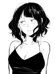 Rule 34 | 10s, 1girl, bad id, bad twitter id, bare arms, bare shoulders, blunt bangs, boku no hero academia, breasts, cleavage, closed mouth, dress, greyscale, inactive account, jirou kyouka, kokozume, looking away, medium breasts, messy hair, monochrome, sanpaku, simple background, solo, upper body, white background