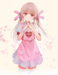 Rule 34 | 1girl, :o, apron, collared shirt, cowboy shot, grey skirt, hair ornament, highres, interlocked fingers, legs together, light brown hair, long bangs, long hair, looking at viewer, miniskirt, nail polish, natori sana, nekozya1, open mouth, own hands together, petals, pink apron, pink nails, pleated skirt, print apron, rabbit hair ornament, red eyes, sana channel, shirt, short sleeves, sidelocks, simple background, skirt, solo, thigh gap, thighhighs, twintails, virtual youtuber, white background, white shirt, white thighhighs, zettai ryouiki
