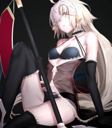 Rule 34 | 1girl, bare shoulders, black background, black bra, black gloves, black panties, black thighhighs, blonde hair, bra, breasts, choker, cleavage, elbow gloves, fate/grand order, fate (series), flag, gloves, heart, i-pan, jeanne d&#039;arc (fate), jeanne d&#039;arc alter (avenger) (fate), jeanne d&#039;arc alter (fate), jeanne d&#039;arc alter santa lily (fate), lingerie, long hair, looking at viewer, pale skin, panties, see-through, simple background, sitting, solo, thighhighs, underwear, very long hair, yellow eyes