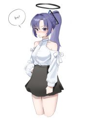 Rule 34 | 1girl, absurdres, alternate hairstyle, bare shoulders, black skirt, blue archive, blush, clenched hand, clothing cutout, cowboy shot, cropped legs, hair intakes, halo, halterneck, hand on own hip, highres, long hair, long sleeves, nonoa, nose blush, parted bangs, ponytail, purple eyes, purple hair, shirt, shirt tucked in, shoulder cutout, simple background, skirt, solo, speech bubble, white background, white shirt