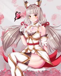 Rule 34 | 1girl, absurdres, animal ears, bare shoulders, blonde hair, breasts, bug, butterfly, cat ears, chest jewel, cleavage, detached sleeves, dress, gem, gloves, grey hair, highres, insect, langspower, long hair, looking at viewer, medium breasts, nia (blade) (xenoblade), nia (xenoblade), sitting, solo, spoilers, thighhighs, twintails, white dress, white gloves, xenoblade chronicles (series), xenoblade chronicles 2