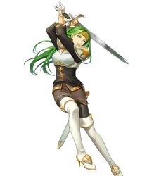 Rule 34 | 1girl, armor, artist request, belt, boots, breastplate, closed mouth, fire emblem, fire emblem: the sacred stones, fire emblem heroes, full body, gloves, gold trim, green eyes, green hair, headband, high heels, highres, holding, holding sword, holding weapon, long hair, long sleeves, looking away, miniskirt, nintendo, non-web source, official art, pantyhose, serious, sheath, shoulder armor, shoulder pads, skirt, solo, sword, syrene (fire emblem), thigh boots, transparent background, turtleneck, weapon
