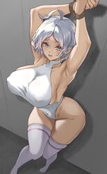 Rule 34 | 1girl, absurdres, arms up, ass, blush, bound, bound wrists, breasts, covered erect nipples, covered navel, curvy, dark-skinned female, dark skin, duchessofarmeria, forced, full body, gundam, gundam suisei no majo, highleg, highleg leotard, highres, huge ass, large breasts, leotard, looking at viewer, open mouth, restrained, rope, secelia dote, sweat, thighhighs, white leotard, wide hips