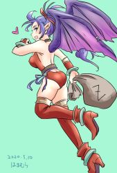 Rule 34 | 1girl, aqua background, ass, blue hair, breasts, breath of fire, breath of fire ii, dated, dragon girl, hamamuraacca, highres, long hair, looking at viewer, monster girl, patty the phantom thief, pointy ears, ponytail, simple background, solo, thighhighs, wings