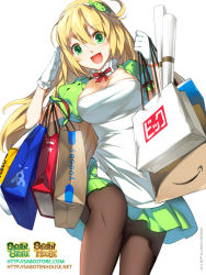 Rule 34 | + +, 1girl, :d, bag, black pantyhose, blonde hair, breasts, cleavage, gloves, green eyes, hair ornament, large breasts, open mouth, pantyhose, puffy short sleeves, puffy sleeves, ress, sabori, saboten store, salute, shopping bag, short sleeves, skirt, smile, solo, text focus, white gloves