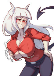 Rule 34 | 1girl, absurdres, breasts, cleavage, collared shirt, danaoharah, demon horns, demon tail, helltaker, highres, horns, large breasts, long hair, looking at viewer, lucifer (helltaker), open clothes, open shirt, red eyes, red shirt, shirt, smile, solo, sound effects, tail, very long hair, white hair