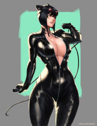 Rule 34 | 1girl, batman (series), black bodysuit, blue eyes, bodysuit, breasts, catsuit, catwoman, cleavage, closed mouth, curvy, dc comics, goggles, goggles on head, holding, holding whip, large breasts, open bodysuit, open clothes, rejean dubois, skin tight, standing, thick thighs, thighs, whip