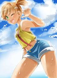Rule 34 | 1girl, armpits, breasts, commentary request, creatures (company), game freak, gym leader, kamidou arashi, looking at viewer, midriff, misty (pokemon), navel, nintendo, open mouth, orange hair, pokemon, pokemon (anime), pokemon (classic anime), short hair, short shorts, shorts, side ponytail, smile, solo, splashing, suspenders, swept bangs, water drop