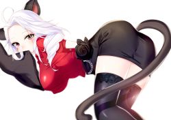 Rule 34 | 10s, 1girl, ahoge, albino, animal ears, ass, bad id, bad pixiv id, bent over, black flower, black rose, black skirt, black thighhighs, blade, blade &amp; soul, breasts, chain, collared shirt, covered erect nipples, curly hair, dress shirt, eyelashes, facial mark, flower, impossible clothes, impossible shirt, lace, large breasts, long hair, looking at viewer, lyn (blade &amp; soul), miniskirt, mouth hold, original, parted bangs, pencil skirt, red eyes, red shirt, rose, seo, shirt, short sleeves, simple background, skirt, solo, tail, thighhighs, white background, white hair