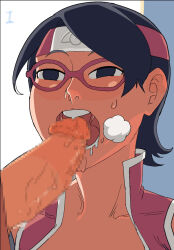 Rule 34 | 1boy, 1girl, ac120, age difference, alley, bare shoulders, black eyes, black gloves, black hair, blush, boruto: naruto next generations, censored, clothed sex, collared dress, dated, dress, drooling, erection, fellatio, fingerless gloves, forehead protector, glasses, gloves, headband, headshot, heavy breathing, hetero, kneeling, licking, licking penis, mosaic censoring, naruto (series), neck, open clothes, open dress, open fly, open mouth, oral, orange shirt, penis, penis on tongue, pointless censoring, public indecency, red-framed eyewear, red dress, red headband, saliva, shirt, sleeveless, sleeveless dress, sweat, teeth, testicles, uchiha sarada, uzumaki naruto, white trim
