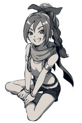 Rule 34 | 1girl, armband, asada hachi, blush, bracelet, braid, braided ponytail, butterfly sitting, commentary request, dragon quest, dragon quest xi, full body, grey background, greyscale, grin, hair between eyes, hair ribbon, high braid, highres, jewelry, long hair, looking at viewer, maya (dq11), midriff, monochrome, navel, open clothes, open vest, ribbon, scarf, shirt, shorts, single braid, sitting, smile, solo, vest