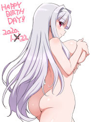 Rule 34 | 1girl, ass, blunt bangs, breasts, completely nude, covering privates, covering breasts, dated, from behind, hairband, happy birthday, highres, idolmaster, idolmaster (classic), konboi-eg, large breasts, long hair, looking at viewer, nude, red eyes, shijou takane, simple background, solo, white background, white hairband