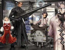 Rule 34 | 2boys, 2girls, black gloves, blonde hair, buttons, clenched teeth, cloak, coat, cyberpunk, dead drive, dress, expressionless, closed eyes, formal, glasses, gloves, gun, holding, holding gun, holding weapon, holographic interface, long sleeves, looking at viewer, machinery, mecha, multiple boys, multiple girls, parted lips, pom pom (clothes), purple hair, red dress, rifle, rimless eyewear, robot, round eyewear, science fiction, shirou masamune, silver hair, sniper rifle, standing, suit, teeth, text focus, translation request, weapon