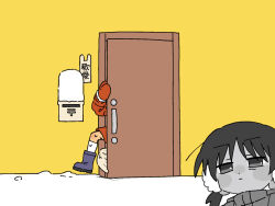 Rule 34 | 1girl, alternate costume, animal, boots, character name, commentary request, door, earmuffs, from outside, half-closed eyes, jacket, kaai yuki, kyoufuu all back (vocaloid), long sleeves, low twintails, mailbox (incoming mail), mittens, nervous sweating, parody, partially colored, plaque, projected inset, reakaki, red jacket, red mittens, red skirt, short twintails, skirt, snow, socks, stuck, style parody, sweat, through door, translated, twintails, vocaloid, white socks, winter clothes