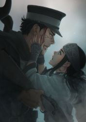 Rule 34 | 1boy, 1girl, ainu clothes, asirpa, bandana, black hair, blood, blood on face, brown eyes, earrings, eye contact, from side, golden kamuy, gun, hat, holding, holding gun, holding weapon, hoop earrings, jewelry, long hair, long sleeves, looking at another, manly, military hat, mprichin, profile, scar, scar on face, sidelocks, simple background, snowing, standing, sugimoto saichi, weapon