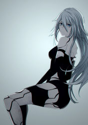 Rule 34 | 1girl, android, armlet, arms at sides, bare shoulders, black gloves, black shorts, black thighhighs, blue eyes, breasts, closed mouth, cowboy shot, elbow gloves, from side, gloves, hair between eyes, highres, joints, lips, looking at viewer, medium breasts, mole, mole under mouth, nier:automata, nier (series), pink lips, robot joints, short hair, short shorts, shorts, silver hair, single thighhigh, sitting, sleeveless, small breasts, smile, solo, sonyaneko, tank top, thighhighs, thighs, weapon, a2 (nier:automata)
