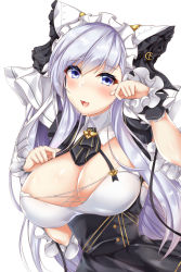 Rule 34 | 1girl, :3, :d, alternate costume, asymmetrical breasts, azur lane, belfast (azur lane), blue eyes, blush, breasts, cheshire (azur lane), cheshire (azur lane) (cosplay), cleavage, commentary request, cosplay, detached collar, eyes visible through hair, hand on own chest, head tilt, highres, large breasts, long hair, looking at viewer, maid, maid headdress, open mouth, oxfirecar, paw pose, sidelocks, silver hair, simple background, smile, solo, white background, wrist cuffs