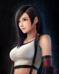 Rule 34 | 1girl, black background, black hair, breasts, closed mouth, collarbone, crop top, earrings, elbow pads, final fantasy, final fantasy vii, final fantasy vii remake, hair over shoulder, highres, jewelry, large breasts, layered clothes, light smile, long hair, midriff, ranh, red eyes, shirt, sidelocks, signature, simple background, sleeveless, sleeveless shirt, stomach, suspenders, taut clothes, taut shirt, tifa lockhart, upper body, very long hair, white shirt