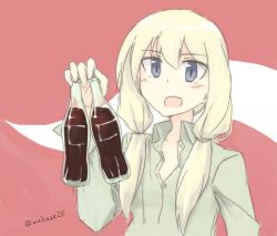 Rule 34 | 1girl, blonde hair, blush, bottle, carla j. luksic, collarbone, dress shirt, drink, fang, holding, long hair, long sleeves, low twintails, makaze (t-junction), noble witches, open mouth, purple eyes, shirt, solo, strike witches, twintails, twitter username, world witches series