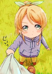 Rule 34 | 10s, 1girl, aged down, ayase eli, blonde hair, blue eyes, blush stickers, child, hair ribbon, hood, hoodie, lilylion26, long hair, love live!, love live! school idol project, ponytail, ribbon, simple background, solo