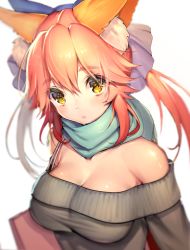 Rule 34 | 1girl, alternate costume, animal ear fluff, animal ears, aqua scarf, bad id, bad twitter id, bag, bare shoulders, blush, bow, breasts, commentary request, fate/extra, fate/grand order, fate (series), fox ears, fox girl, grey sweater, hair between eyes, hair bow, large breasts, looking at viewer, mogullaz, off-shoulder sweater, off shoulder, pink hair, scarf, shopping bag, simple background, solo, split ponytail, sweater, tamamo (fate), tamamo no mae (fate/extra), upper body, white background, yellow eyes