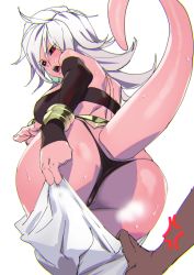 Rule 34 | 1boy, 1girl, android 21, ashiomi masato, ass, black-framed eyewear, black nails, black sclera, blush, breasts, colored sclera, colored skin, curly hair, dragon ball, dragon ball fighterz, earrings, fangs, harem pants, hetero, hoop earrings, huge ass, jewelry, large breasts, long hair, looking at viewer, looking back, majin android 21, messy hair, nail polish, open mouth, panties, pants, pink skin, shiny skin, solo, tail, thong, underwear