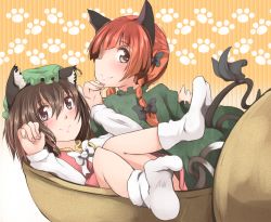 Rule 34 | 2girls, animal ears, bad id, bad pixiv id, brown eyes, cat ears, chen, ear piercing, hat, kaenbyou rin, looking back, mob cap, multiple girls, multiple tails, nabe, paw pose, piercing, red hair, shuga (soranote), tail, touhou, twintails, two tails