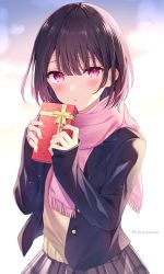 Rule 34 | 1girl, black hair, black jacket, blazer, blush, box, closed mouth, commentary request, female focus, fringe trim, gift, gift box, grey skirt, hair between eyes, hands up, highres, holding, holding gift, jacket, long sleeves, looking at viewer, nail polish, official art, open clothes, open jacket, pink scarf, plaid, plaid skirt, pleated skirt, purple eyes, red nails, satou koharu, scarf, school uniform, shio taiou no satou-san ga ore ni dake amai, skirt, sleeves past wrists, solo, sweater vest, tetsu tissue, twitter username, valentine