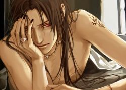 Rule 34 | 1boy, bare shoulders, black hair, jewelry, lily (artist), lowres, male focus, nail polish, naruto, naruto (series), red eyes, ring, topless male, solo, tattoo, uchiha itachi