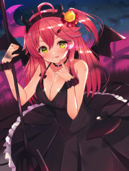 Rule 34 | 1girl, :p, ahoge, alternate costume, bare arms, bare shoulders, bell, black dress, black hairband, blush, bow, breasts, cleavage, commentary request, crescent moon, cross, demon tail, demon wings, dress, earrings, fake horns, finger to mouth, frilled dress, frills, gradient background, green eyes, hair bell, hair bow, hair ornament, hairband, hairclip, highres, holding, holding weapon, hololive, horned hairband, horns, jewelry, jingle bell, large breasts, long hair, looking at viewer, mi taro333, moon, one side up, pink hair, polearm, red bow, sakura miko, scrunchie, sleeveless, sleeveless dress, solo, tail, tongue, tongue out, trident, virtual youtuber, weapon, wings, wrist scrunchie, x hair ornament