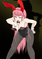 Rule 34 | 1girl, animal ears, bare shoulders, bent over, breasts, cleavage, collar, fake animal ears, female focus, gradient background, leotard, long hair, one eye closed, original, pantyhose, pink hair, playboy bunny, rabbit ears, smile, solo, tongue, very long hair, wink, wrist cuffs, yellow eyes