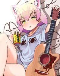 Rule 34 | &lt;o&gt; &lt;o&gt;, 10s, 1girl, :p, alternate costume, animal ears, blonde hair, blush, can, cat ears, collarbone, commentary request, crossed legs, drink can, green eyes, guitar, instrument, kemono friends, looking at viewer, sand cat (kemono friends), shipii (jigglypuff), shirt, short hair, short sleeves, sitting, soda can, solo, t-shirt, tongue, tongue out