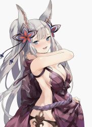 Rule 34 | 10s, 1girl, absurdres, animal ears, apron, bare shoulders, blue eyes, blush, breasts, cleavage, eredhen, erune, granblue fantasy, hair ornament, highres, looking at viewer, open mouth, panties, ponytail, sideboob, silver hair, societte (granblue fantasy), solo, sweat, underwear