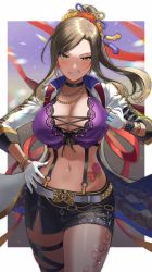 Rule 34 | 1girl, absurdres, belt, black choker, blush, border, bracelet, breasts, brown hair, choker, cleavage, clenched hand, cowboy shot, crop top, cropped jacket, curvy, earrings, gloves, grin, hair ornament, hand on own hip, high collar, high ponytail, highres, idol, idolmaster, idolmaster cinderella girls, jacket, jewelry, large breasts, leg tattoo, long hair, looking at viewer, miniskirt, mukai takumi, navel, necklace, open clothes, open jacket, ro torobo, sidelocks, skirt, smile, solo, stomach tattoo, suspender skirt, suspenders, tattoo, thigh strap, thighs, unfinished, white belt, white border, white gloves, white jacket, yellow eyes