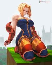 Rule 34 | 1girl, armor, armored gloves, bare shoulders, blonde hair, blue bodysuit, bob cut, bodysuit, breasts, brown eyes, collarbone, elbow pads, final fantasy, final fantasy tactics, fingerless gloves, fingernails, forehead, full body, gloves, greaves, kneeling, large breasts, looking at viewer, minecraft, monk (fft), muscular, muscular female, pixelated, red gloves, rejean dubois, short hair, solo, strapless, thick thighs, thighs