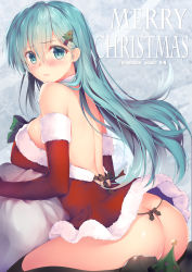 Rule 34 | 10s, 1girl, aqua eyes, aqua hair, arm warmers, artist name, ass, back, bare shoulders, black footwear, black panties, blush, boots, bow, breast rest, breasts, christmas, christmas tree hair ornament, closed mouth, colored eyelashes, dress, embarrassed, frown, fur trim, green bow, hair ornament, hairclip, high heel boots, high heels, highres, kantai collection, large breasts, looking at viewer, md5 mismatch, merry christmas, obiwan, panties, pink lips, red dress, sack, santa costume, sitting, solo, strapless, strapless dress, suzuya (kancolle), tareme, thigh boots, thighhighs, thong, underwear, upskirt
