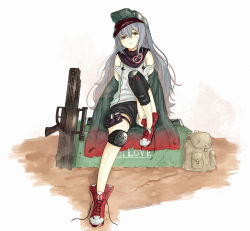 Rule 34 | 1girl, :&lt;, assault rifle, backpack, bag, black shorts, blue hair, blush, brown eyes, bullpup, caseless firearm, closed mouth, coat, commentary request, full body, g11 (girls&#039; frontline), girls&#039; frontline, green coat, green headwear, gun, h&amp;k g11, hair between eyes, head tilt, horizontal magazine, knee pads, long hair, looking at viewer, numazume, off shoulder, open clothes, open coat, panties, panty peek, personification, prototype design, rifle, shirt, shoes, shorts, sitting, solo, underwear, untied footwear, very long hair, weapon, white background, white panties, white shirt