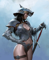 Rule 34 | 1girl, armor, bangku an, black hair, blue background, breastplate, breasts, cleavage, closed mouth, commentary, cowboy shot, gauntlets, gradient background, hand on own hip, helmet, highres, holding, holding sword, holding weapon, jewelry, large breasts, long hair, looking to the side, navel, necklace, original, plate armor, sheath, sheathed, shoulder armor, solo, standing, sword, thigh strap, thighs, weapon