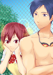Rule 34 | 10s, 1boy, 1girl, apolix, blue hair, blue sky, bow, brown eyes, brown hair, chain-link fence, collarbone, day, fence, free!, goggles, hands on own cheeks, hands on own face, matsuoka gou, outdoors, polka dot, polka dot bow, purple eyes, ryuugazaki rei, school uniform, topless male, sky, smile