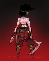 Rule 34 | 1girl, absurdres, akali, akali (redesign), arm tattoo, back, back tattoo, bag, baggy pants, black hair, blood, breasts, dragon tattoo, dual wielding, from behind, ginseng (xin), green hairband, hairband, halterneck, highres, holding, holding weapon, kama (weapon), kunai, league of legends, long hair, medium breasts, narrow waist, ninja, pants, pool of blood, redesign, rope belt, sickle, solo, standing, tattoo, updo, weapon