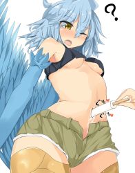 Rule 34 | 10s, 1girl, ?, blue hair, blue wings, breasts, cowboy shot, feathered wings, food, harpy, highres, karatakewari, midriff, monster girl, monster musume no iru nichijou, navel, navel insertion, navel play, one eye closed, open mouth, papi (monster musume), popsicle, short shorts, shorts, simple background, small breasts, solo focus, unbuttoned, underboob, white background, winged arms, wings, yellow eyes