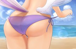 Rule 34 | 1girl, ass, ass focus, beach, bikini, bird tail, blue sky, butt crack, commentary, cowboy shot, day, english commentary, enna alouette, feathered wings, from behind, highres, lens flare, low wings, lower body, nijisanji, nijisanji en, ocean, outdoors, purple bikini, purple ribbon, ribbon, side-tie bikini bottom, single wing, sky, solo, swimsuit, tail, telomere, thigh gap, virtual youtuber, water, white wings, wings