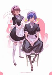 Rule 34 | 1boy, 1girl, apron, black dress, black footwear, blue eyes, blue hair, breasts, brown hair, closed eyes, closed mouth, collared shirt, commentary, crossdressing, dress, english commentary, facing another, frilled apron, frilled hairband, frilled skirt, frilled thighhighs, frills, full body, hair between eyes, hairband, juliet sleeves, long sleeves, looking at viewer, low twintails, maid, maid apron, maid headdress, medium breasts, official alternate costume, on chair, open mouth, own hands together, persona, persona 3, persona 3: dancing moon night, persona dancing, puffy short sleeves, puffy sleeves, shirt, short hair, short sleeves, sitting, skirt, smile, standing, swept bangs, takeba yukari, thighhighs, twintails, white apron, white hairband, white shirt, white thighhighs, yosora, yuuki makoto (persona 3), zettai ryouiki